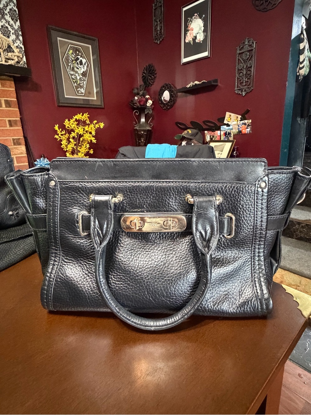 Coach Swagger 27 Black Leather Satchel with Gold Hardware